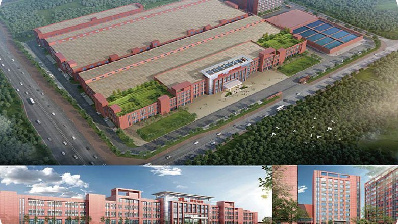 Illustrative aerial view of an industrial manufacturing district