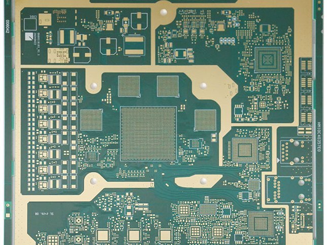 Board with dense BGA pad arrays and power pads on a white background